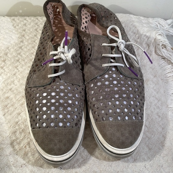 Pertini Open Design Suede w Canvas Cap Toe Striped Black Gray Non Skid Platform - Picture 1 of 9